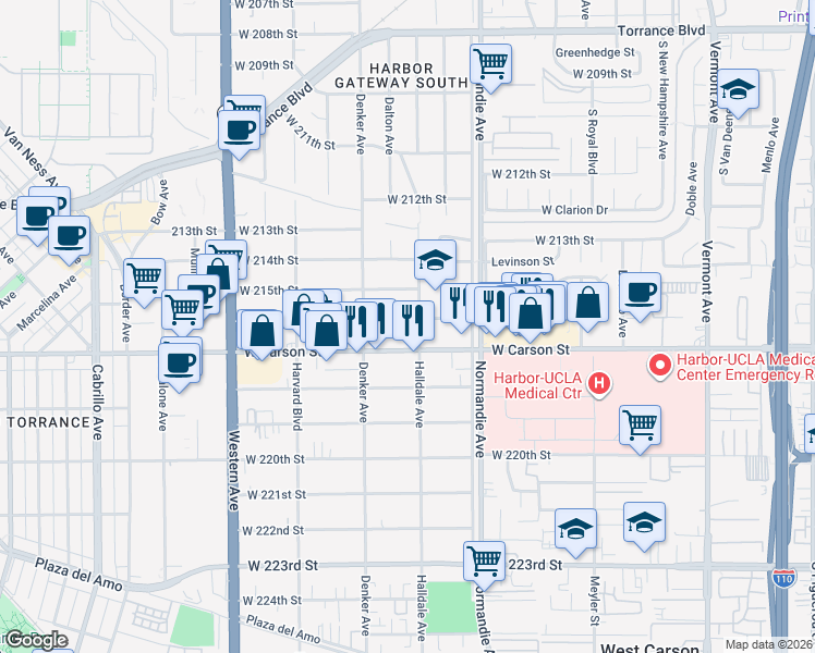 map of restaurants, bars, coffee shops, grocery stores, and more near 1410 West 216th Street in Torrance