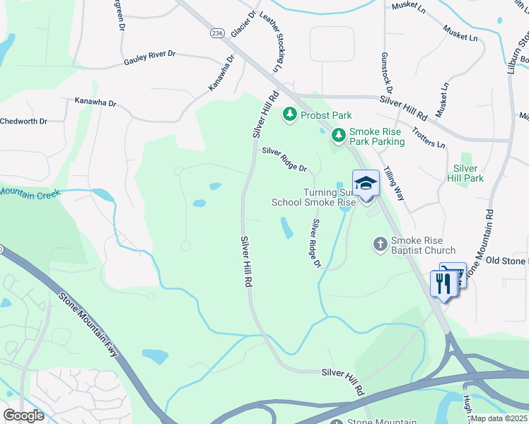 map of restaurants, bars, coffee shops, grocery stores, and more near 5460 Lichenhearth Court in Stone Mountain
