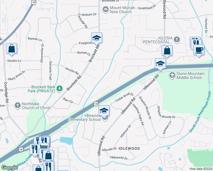 map of restaurants, bars, coffee shops, grocery stores, and more near 4106 Franks Drive in Tucker