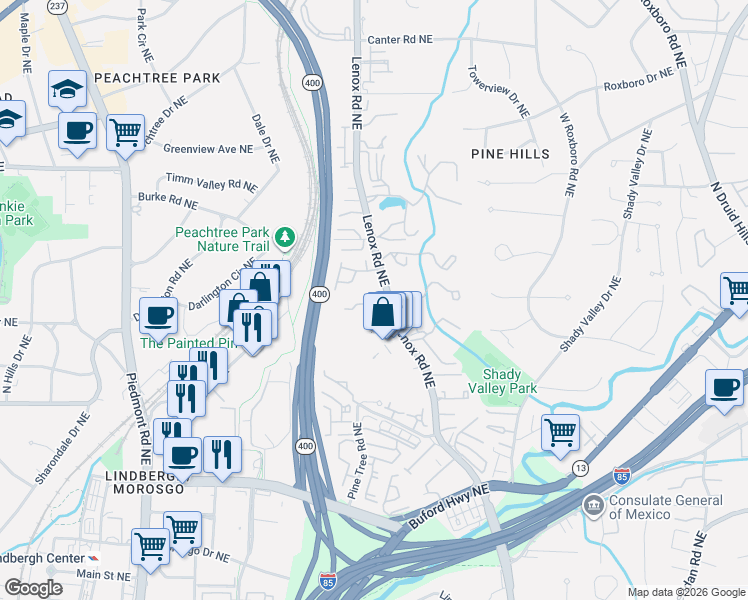 map of restaurants, bars, coffee shops, grocery stores, and more near 700 Lenox Lane in Atlanta