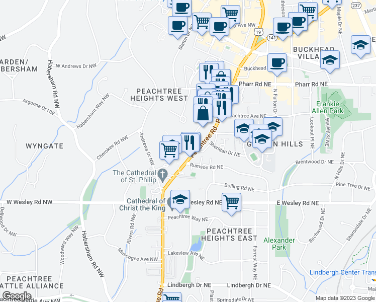 map of restaurants, bars, coffee shops, grocery stores, and more near 2814 Peachtree Road Northwest in Atlanta