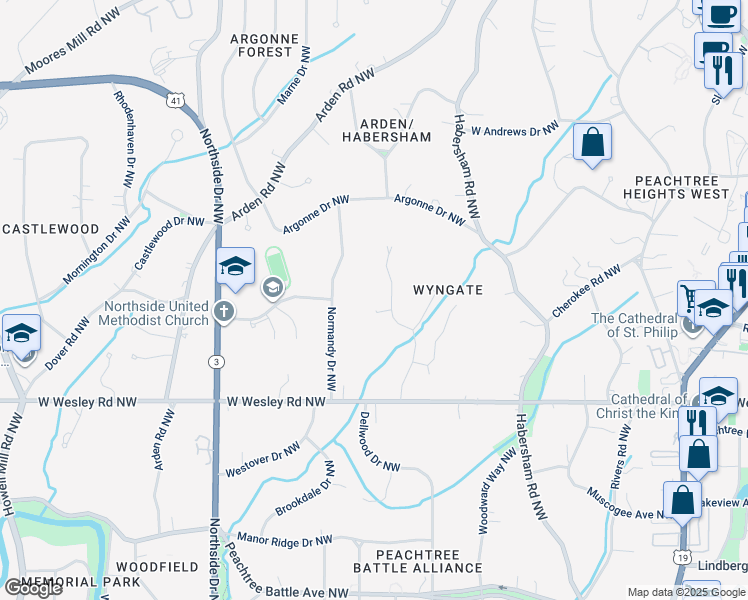 map of restaurants, bars, coffee shops, grocery stores, and more near 2854 Wyngate Drive Northwest in Atlanta