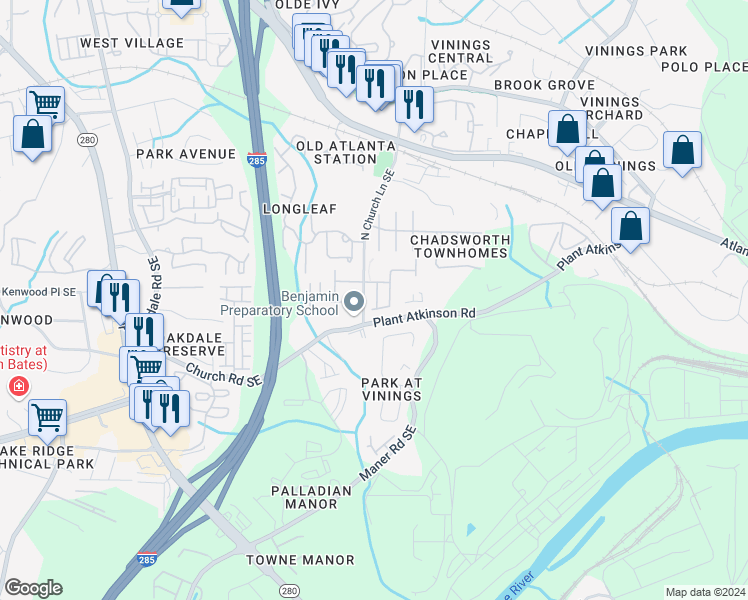 map of restaurants, bars, coffee shops, grocery stores, and more near 5087 Leeshire Trail Southeast in Atlanta
