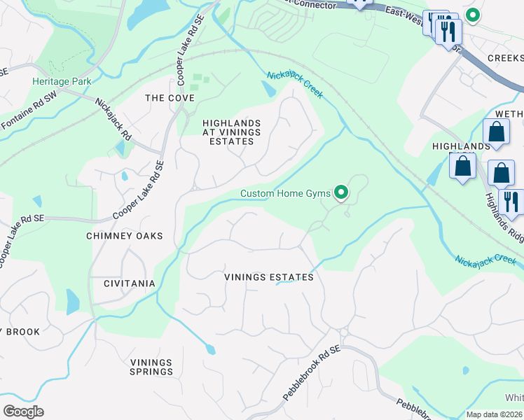map of restaurants, bars, coffee shops, grocery stores, and more near 5056 Vinings Estates Court Southeast in Mableton