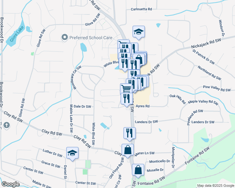 map of restaurants, bars, coffee shops, grocery stores, and more near 917 Joseph Club Drive in Mableton