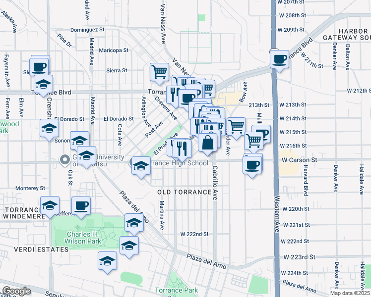 map of restaurants, bars, coffee shops, grocery stores, and more near 1528 Marcelina Avenue in Torrance