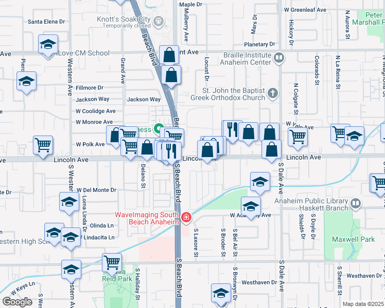 map of restaurants, bars, coffee shops, grocery stores, and more near 2961 West Lincoln Avenue in Anaheim