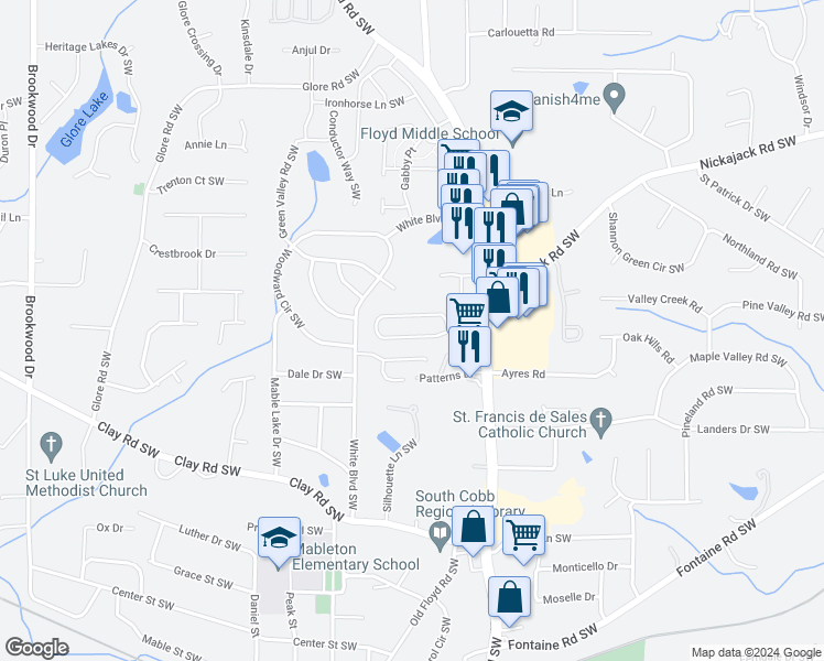 map of restaurants, bars, coffee shops, grocery stores, and more near 792 Joseph Club Drive in Mableton