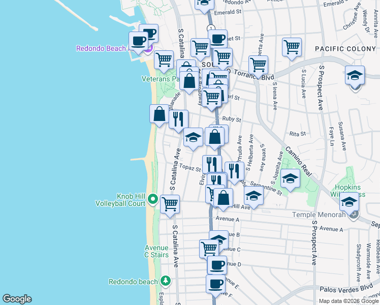 map of restaurants, bars, coffee shops, grocery stores, and more near 1505 South Catalina Avenue in Redondo Beach