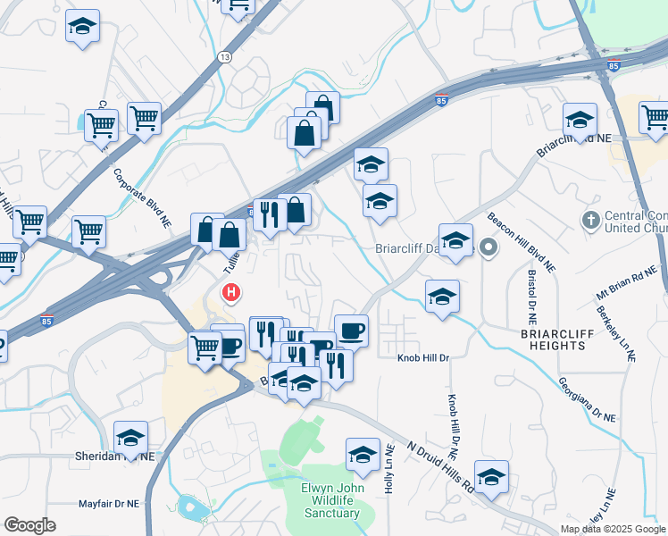 map of restaurants, bars, coffee shops, grocery stores, and more near 1740 Childerlee Lane Northeast in Atlanta