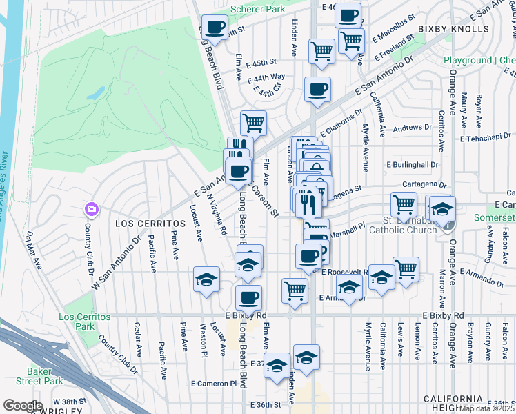 map of restaurants, bars, coffee shops, grocery stores, and more near 4043 Elm Avenue in Long Beach
