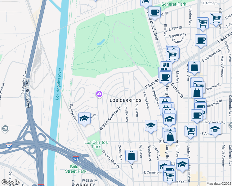 map of restaurants, bars, coffee shops, grocery stores, and more near 4217 Cedar Avenue in Long Beach