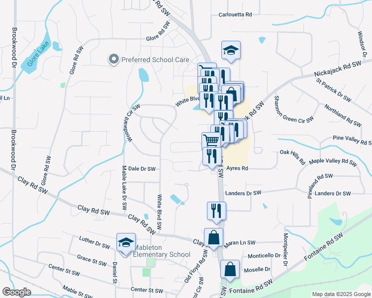 map of restaurants, bars, coffee shops, grocery stores, and more near 872 Joseph Club Drive in Mableton