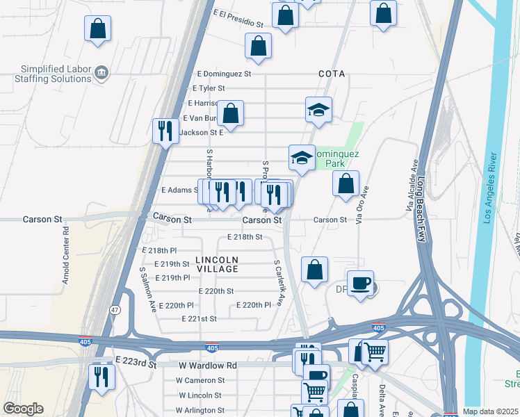 map of restaurants, bars, coffee shops, grocery stores, and more near 2707 East Washington Street in Long Beach