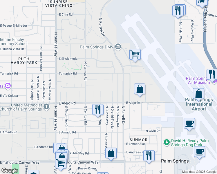 map of restaurants, bars, coffee shops, grocery stores, and more near 2451 Quincy Way in Palm Springs