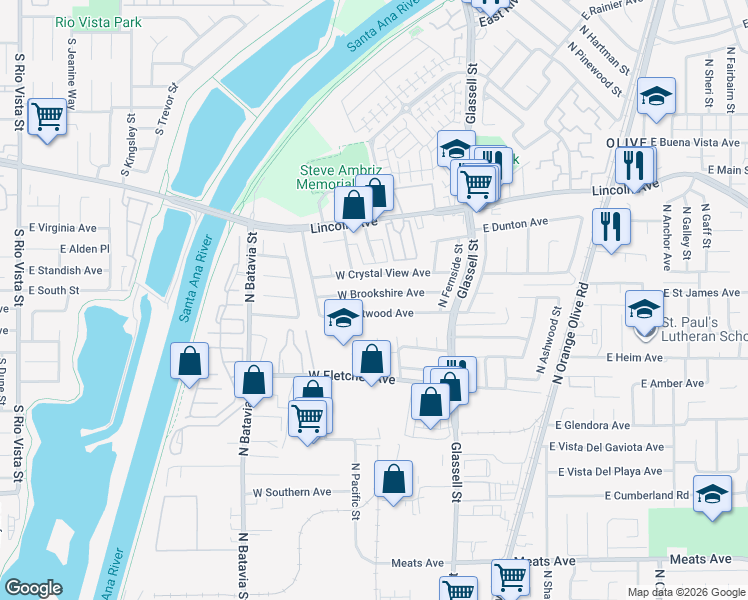 map of restaurants, bars, coffee shops, grocery stores, and more near 404 West Brookshire Avenue in Orange