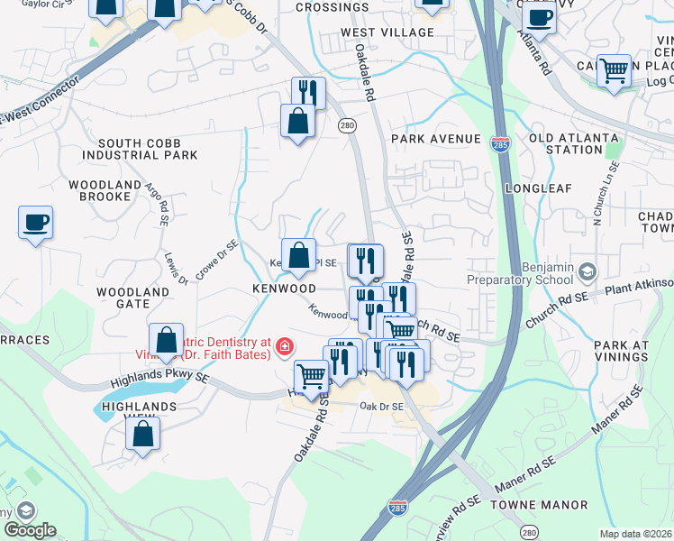 map of restaurants, bars, coffee shops, grocery stores, and more near 4970 Fairmont Road Southeast in Smyrna