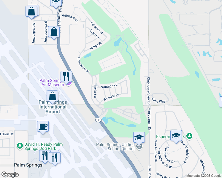 map of restaurants, bars, coffee shops, grocery stores, and more near 684 Bliss Way in Palm Springs