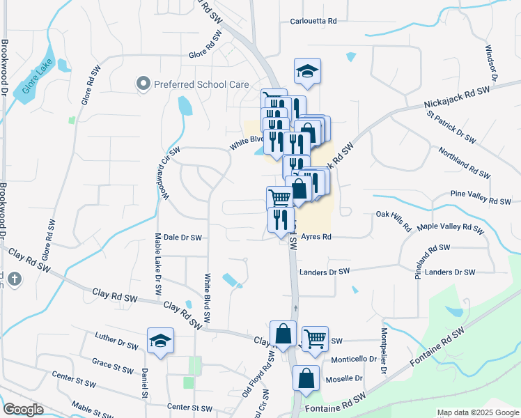 map of restaurants, bars, coffee shops, grocery stores, and more near 917 Joseph Club Drive in Mableton