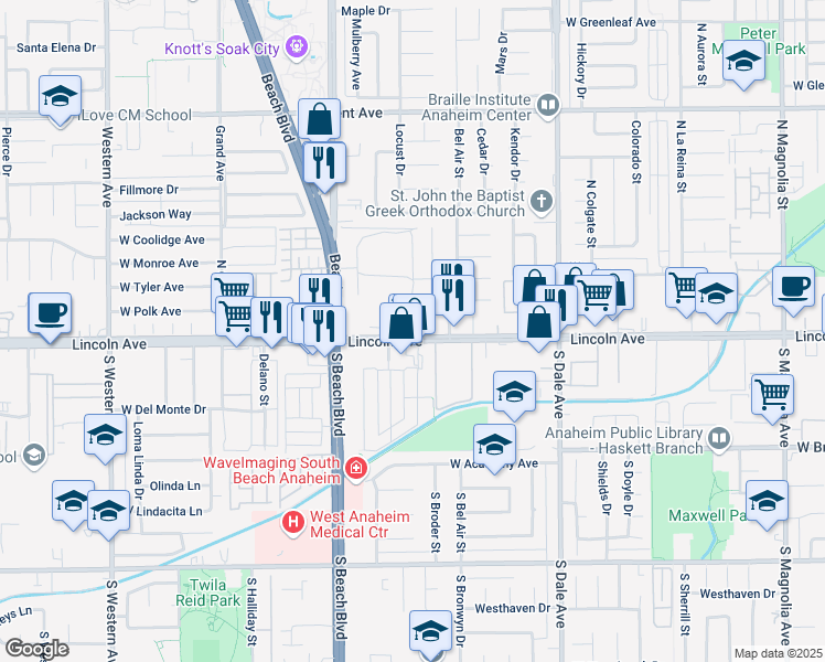 map of restaurants, bars, coffee shops, grocery stores, and more near 101 North Ridgeway Street in Anaheim