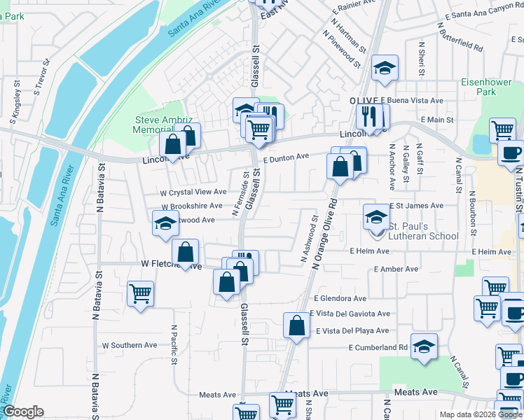 map of restaurants, bars, coffee shops, grocery stores, and more near 204 East Brookshire Avenue in Orange