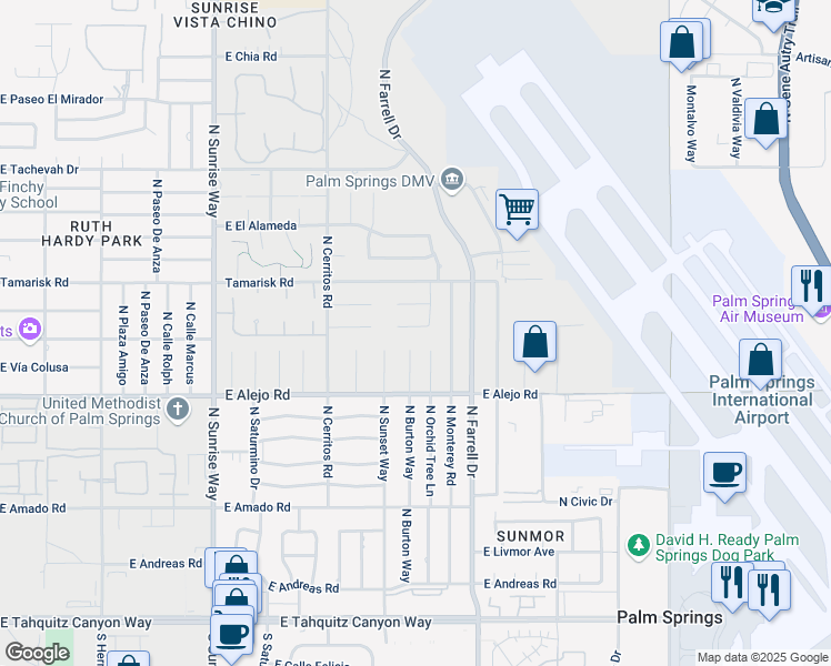 map of restaurants, bars, coffee shops, grocery stores, and more near 2451 Quincy Way in Palm Springs