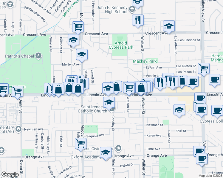 map of restaurants, bars, coffee shops, grocery stores, and more near 5227 Lincoln Avenue in Cypress