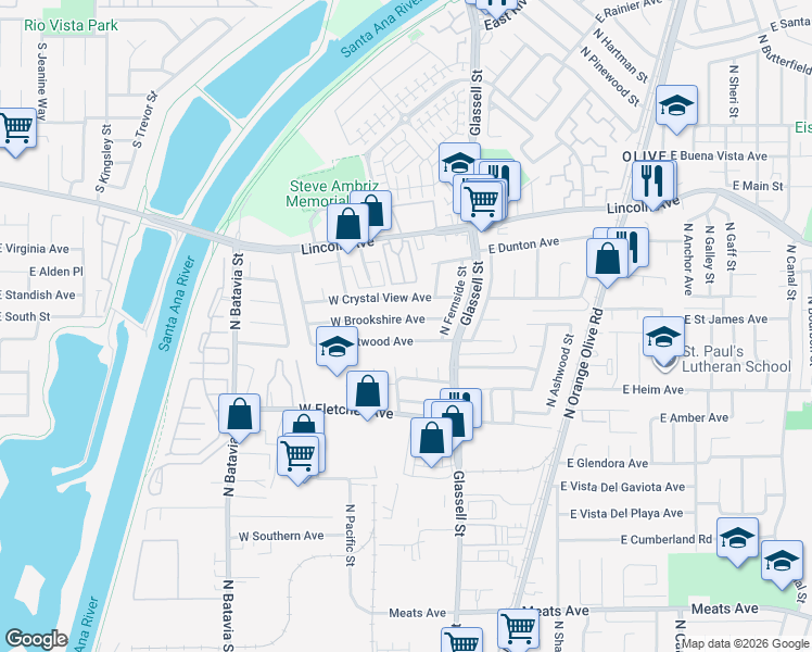map of restaurants, bars, coffee shops, grocery stores, and more near 238 West Brookshire Avenue in Orange