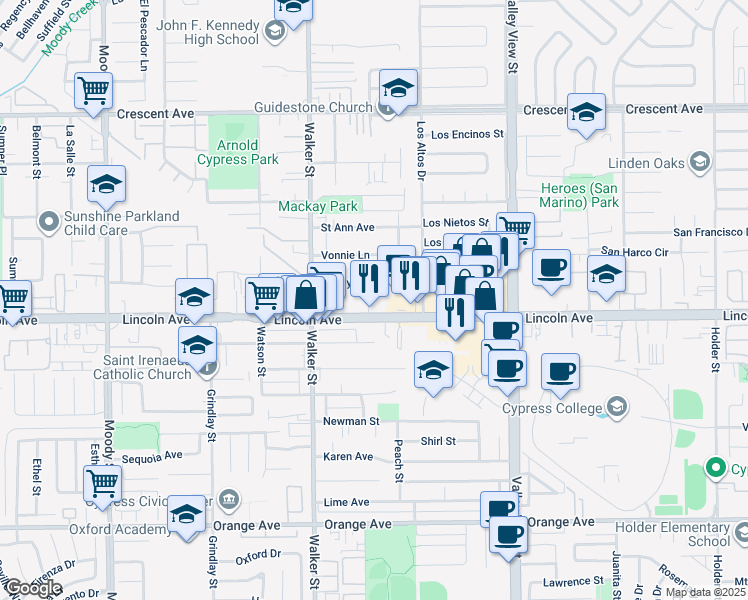 map of restaurants, bars, coffee shops, grocery stores, and more near 5601 Lincoln Avenue in Cypress