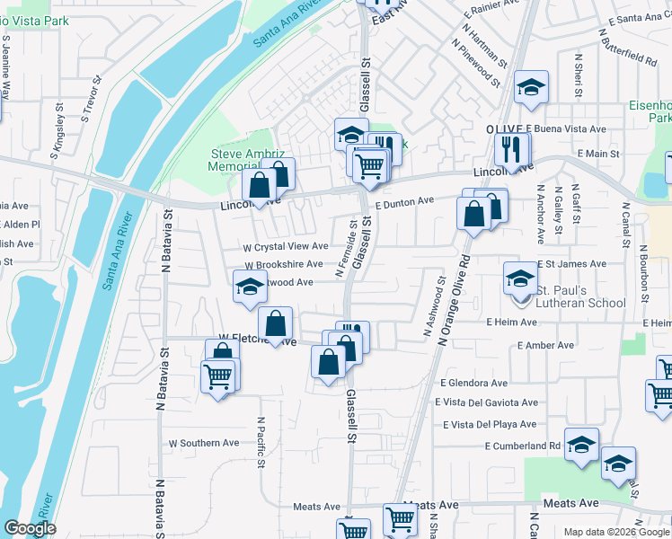 map of restaurants, bars, coffee shops, grocery stores, and more near 124 West Brookshire Avenue in Orange