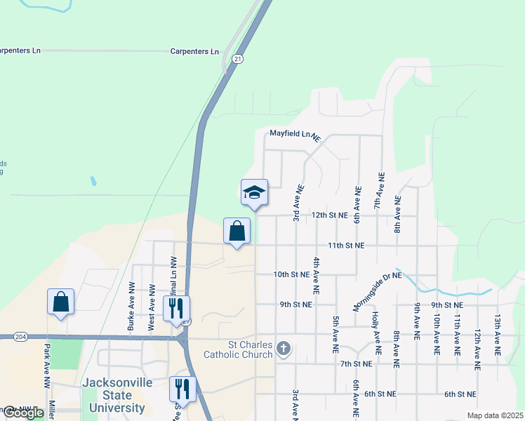 map of restaurants, bars, coffee shops, grocery stores, and more near 100 12th Street Northeast in Jacksonville