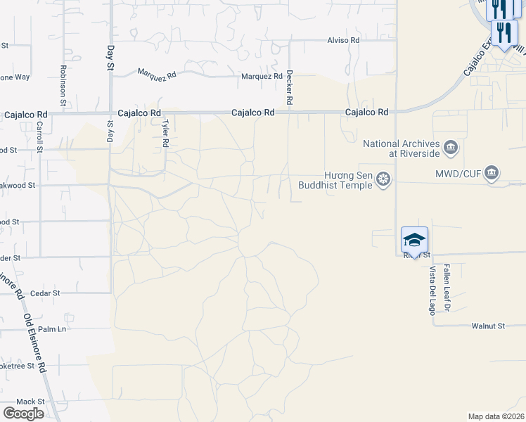 map of restaurants, bars, coffee shops, grocery stores, and more near 22647 Cajalco Road in Perris