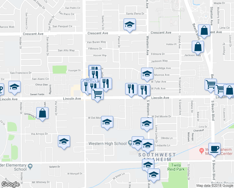 map of restaurants, bars, coffee shops, grocery stores, and more near 3325 West Lincoln Avenue in Anaheim