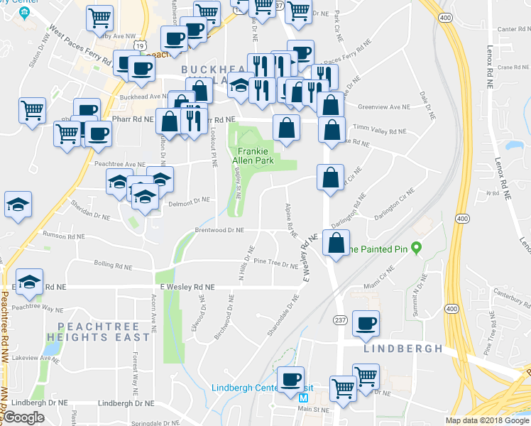 map of restaurants, bars, coffee shops, grocery stores, and more near 2847 North Hills Drive Northeast in Atlanta