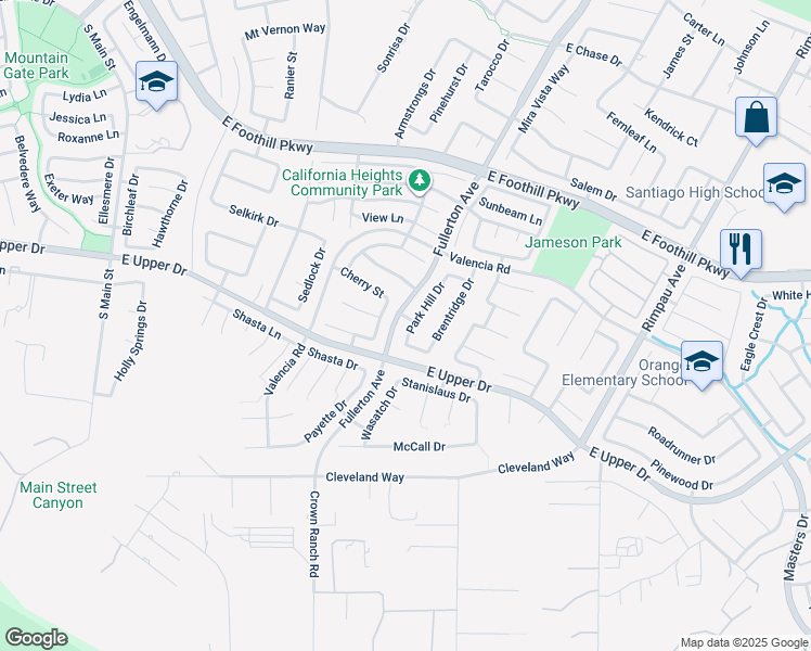 map of restaurants, bars, coffee shops, grocery stores, and more near 3640 Park Hill Drive in Corona