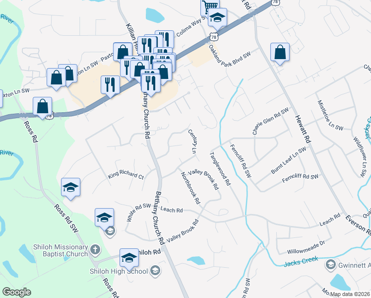 map of restaurants, bars, coffee shops, grocery stores, and more near 2375 Overland Ct SW in Snellville