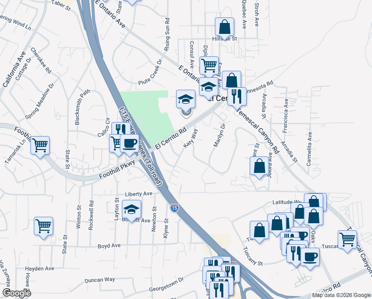 map of restaurants, bars, coffee shops, grocery stores, and more near 19787 Katy Way in Corona