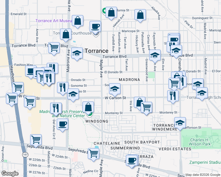 map of restaurants, bars, coffee shops, grocery stores, and more near 2914 Sonoma Street in Torrance