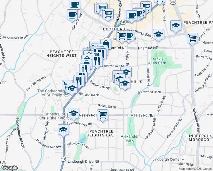 map of restaurants, bars, coffee shops, grocery stores, and more near 124 Sheridan Drive Northeast in Atlanta