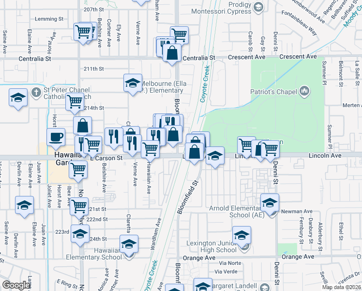 map of restaurants, bars, coffee shops, grocery stores, and more near 12573 East Carson Street in Hawaiian Gardens