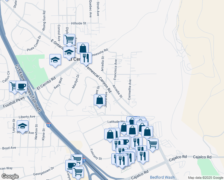 map of restaurants, bars, coffee shops, grocery stores, and more near 19870 Temescal Canyon Road in Corona