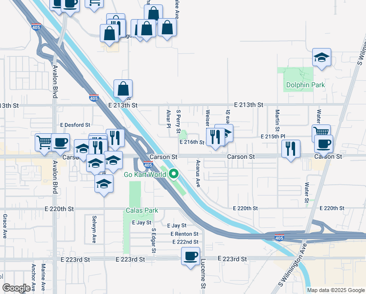 map of restaurants, bars, coffee shops, grocery stores, and more near 21610 South Perry Street in Carson