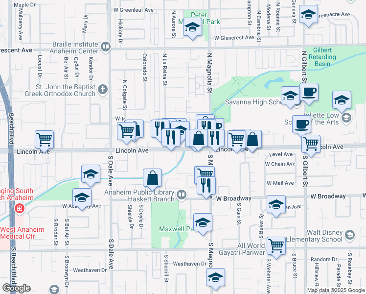 map of restaurants, bars, coffee shops, grocery stores, and more near 2651 West Lincoln Avenue in Anaheim