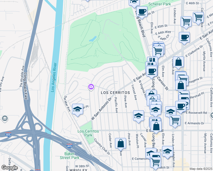 map of restaurants, bars, coffee shops, grocery stores, and more near 4217 Cedar Avenue in Long Beach