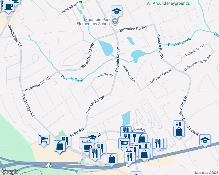 map of restaurants, bars, coffee shops, grocery stores, and more near 1682 Pounds Road Southwest in Stone Mountain