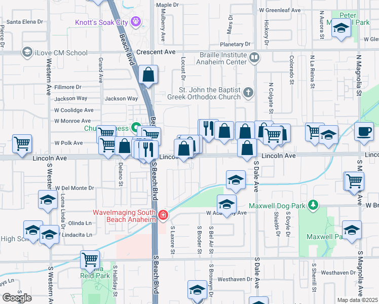 map of restaurants, bars, coffee shops, grocery stores, and more near 101 North Ridgeway Street in Anaheim