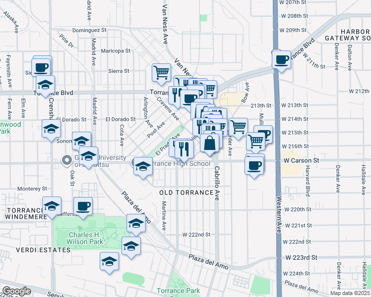 map of restaurants, bars, coffee shops, grocery stores, and more near in Torrance