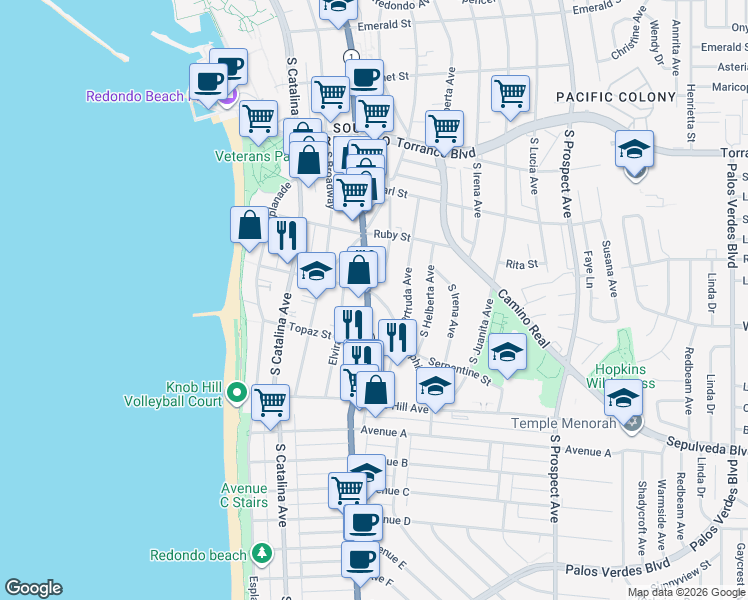 map of restaurants, bars, coffee shops, grocery stores, and more near 608 South Pacific Coast Highway in Redondo Beach