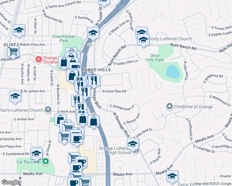 map of restaurants, bars, coffee shops, grocery stores, and more near 2204 North Vista Glen Road in Orange