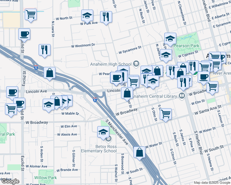 map of restaurants, bars, coffee shops, grocery stores, and more near 1129 West Center Street in Anaheim